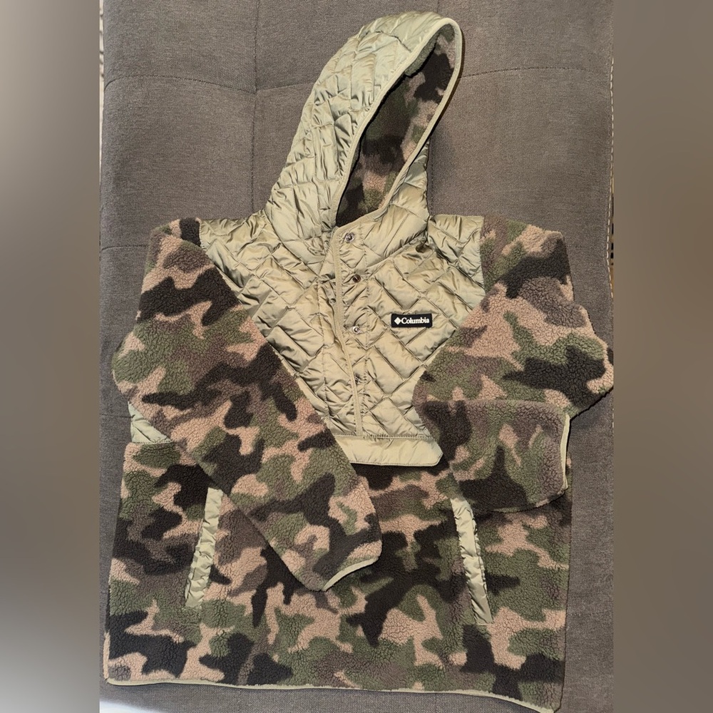Columbia Green Camo Sherpa Fleece Quilted Half Snap Up Pullover Hoodie w/POCKETS